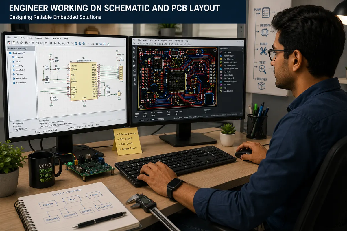 Engineer working on schematic and pcb layout